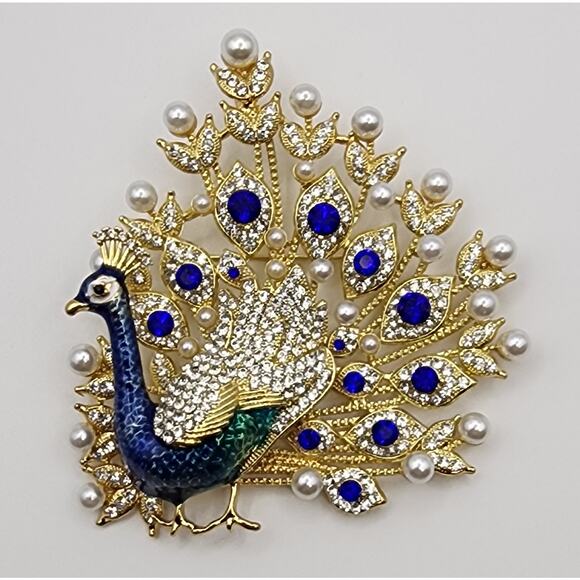 Boutique Jewelry - Large Peacock Brooch Faux Pearl Jewels Rhinestone & Enamel Statement Piece Blue